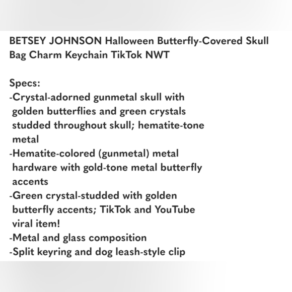🔹️BETSEY JOHNSON🔹️ Halloween Butterfly-Covered Skull Bag Charm Keychain - Picture 3 of 3